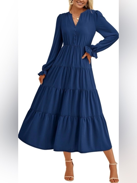 Dresses & Skirts - NWT Puff Sleeve Smocked Maxi Dress Flowy Tiered Navy sz S
